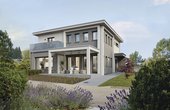 Ein Einfamilienhaus in Fellbach vereint Gegensätze – außen gerade Linien, kubische Formen und kühle Farben, innen gemütliche Wohnbereiche, heimelige Atmosphäre und warme Holzelemente.  Foto: WeberHaus