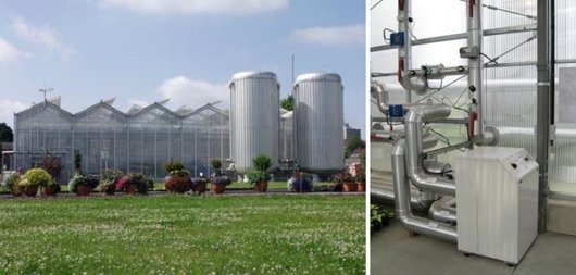 Wärmepumpe (rechts) im Niedrigenergiegewächshaus in Hannover (links) (Fotos: ZINEG.NET / Leibniz Universität Hannover) Wärmepumpe (rechts) im Niedrigenergiegewächshaus in Hannover (links) (Fotos: ZINEG.NET / Leibniz Universität Hannover)