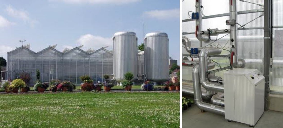 Wärmepumpe (rechts) im Niedrigenergiegewächshaus in Hannover (links) (Fotos: ZINEG.NET / Leibniz Universität Hannover)