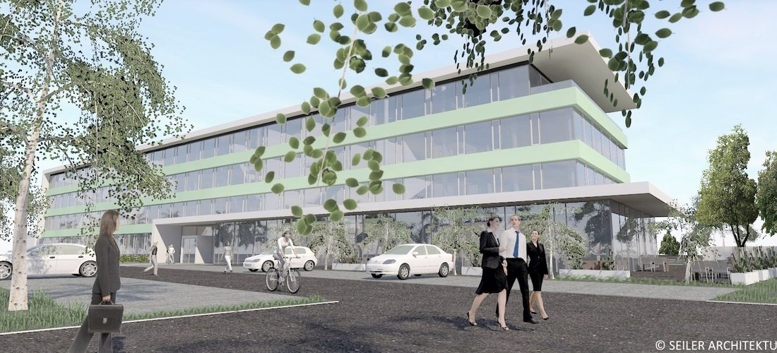 Entwurf des neuen KFW-55-Bürogebäudes für den Arzt-Praxissoftware-Anbieter medatixx. Erdwärme-Wärmepumpen beheizen und kühlen das Gebäude. (Grafik © Seiler Architektur)