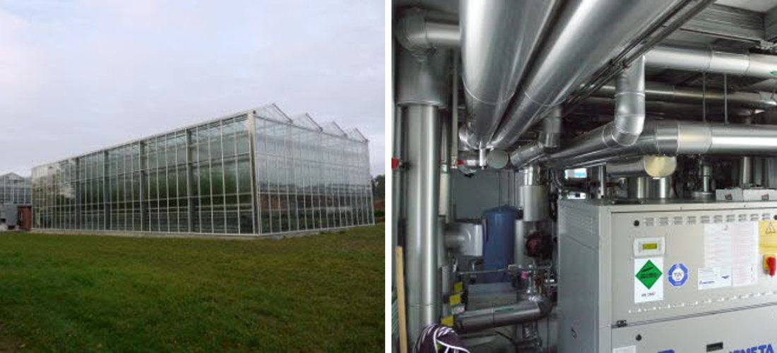 Wärmepumpe (rechts) im Berliner ZINEG-Gewächshaus (links) (Fotos: ZINEG.NET / Humboldt-Universität zu Berlin)