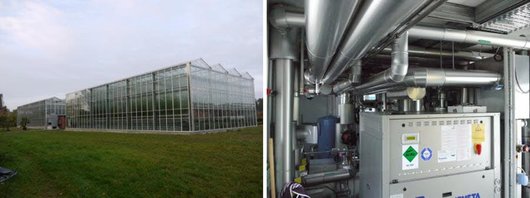 Wärmepumpe (rechts) im Berliner ZINEG-Gewächshaus (links) (Fotos: ZINEG.NET / Humboldt-Universität zu Berlin) Wärmepumpe (rechts) im Berliner ZINEG-Gewächshaus (links) (Fotos: ZINEG.NET / Humboldt-Universität zu Berlin)